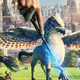 A wizard from the Harry Potter universe approaches a Hippogriff brandishing a wand.